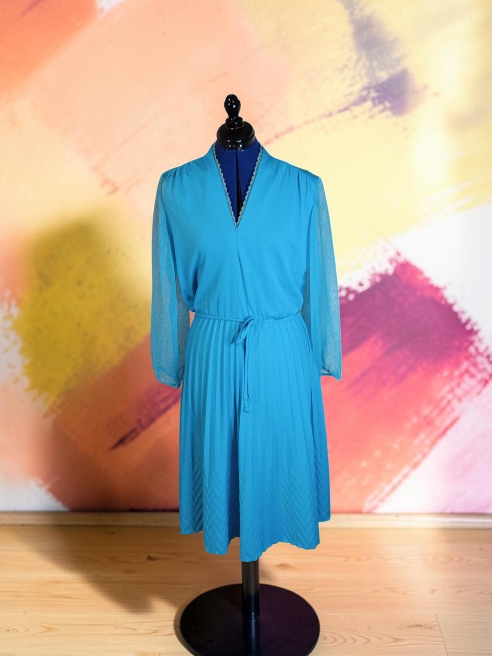 Vintage 1970s Case Blue Long Sleeve Dress with Lace Trim